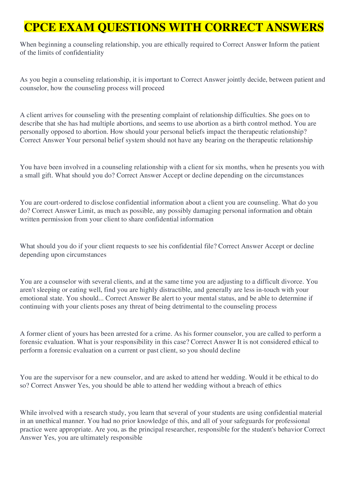 Preview image for CPCE EXAM QUESTIONS WITH CORRECT ANSWERS